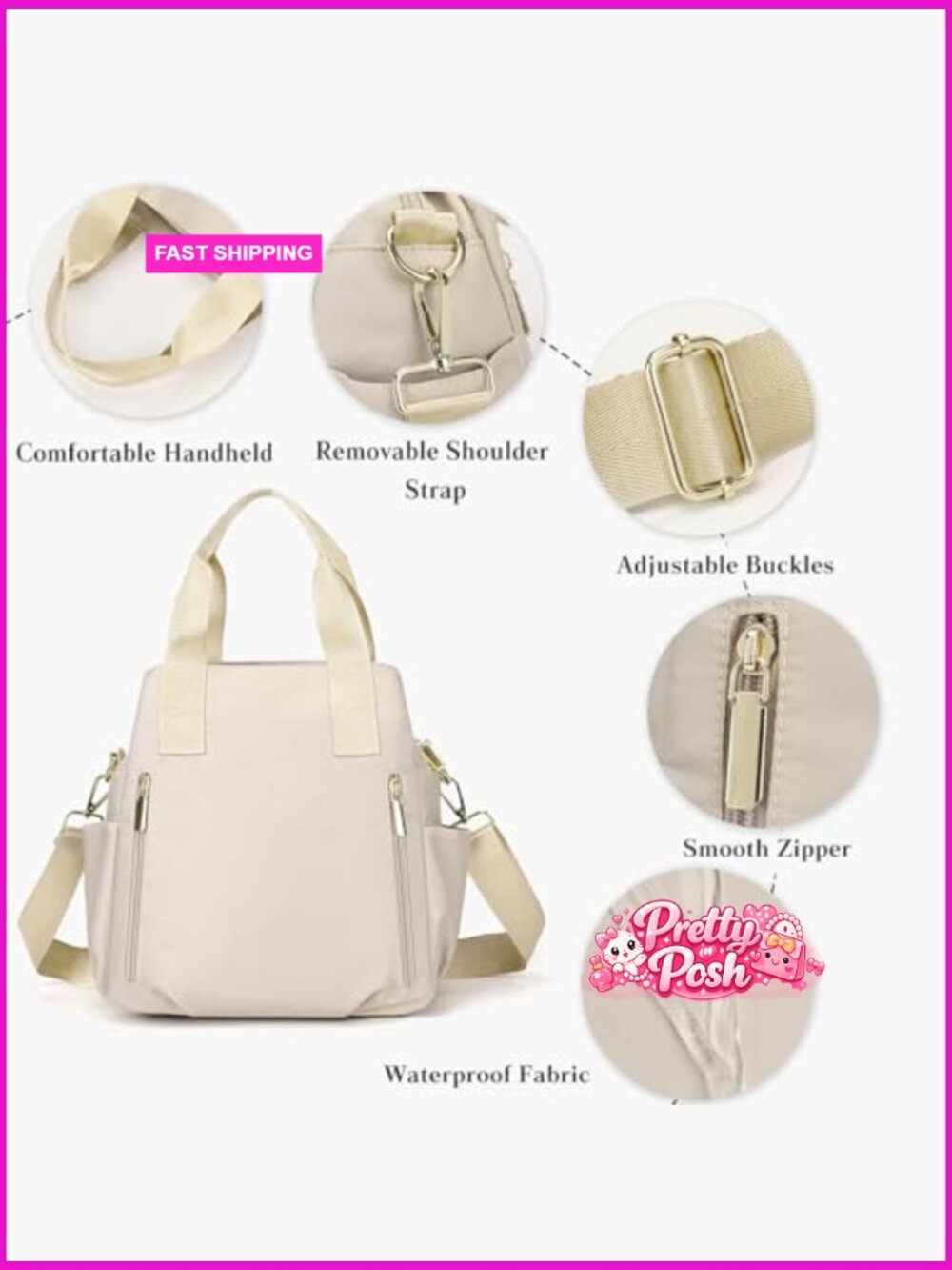 Waterproof Nylon Crossbody Bag with Multi Pockets Top Handle - Picture 4 of 6